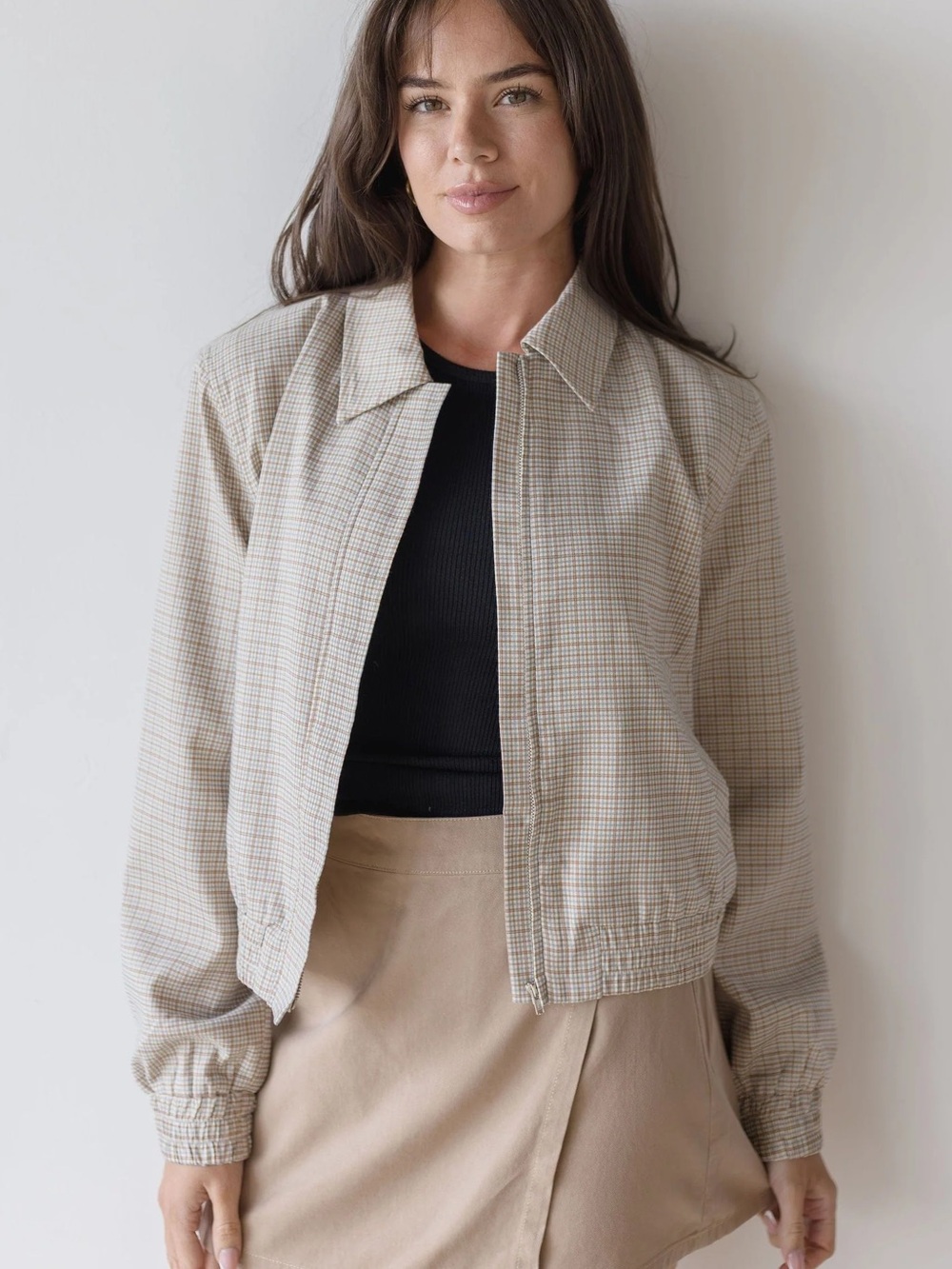 Astr the Label Reid Plaid Jacket sz XS Beige Bomber Jacket Blue
